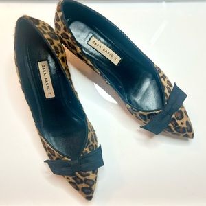 Zara Basic Leopard Print Leather Calf Hair Pony Hair Bow Kitten Heels - EU38